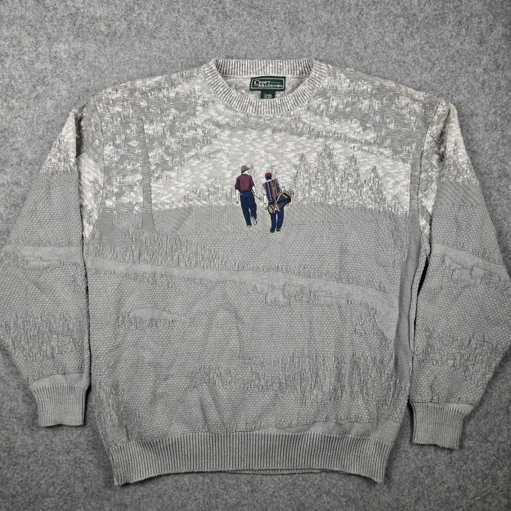 Vtg Croft & Barrow Sweater Mens XL Gray Golf Embroidered Landscape 90s Knit